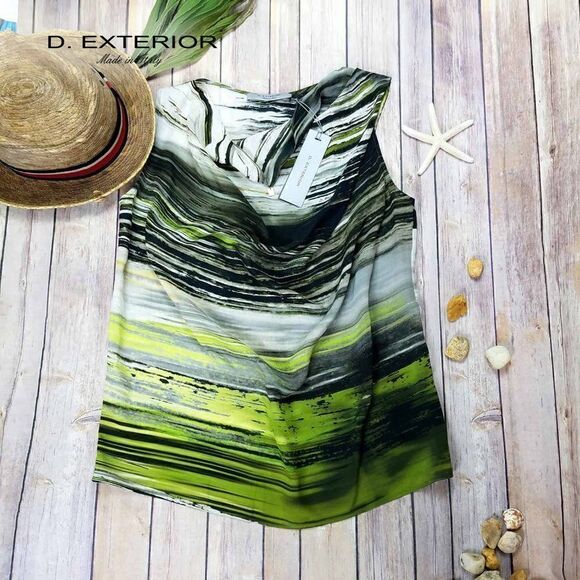 New D. Exterio Women US M Silk Blouse Pullover Top Sleeveless Green Cowl Italy  - Picture 1 of 7